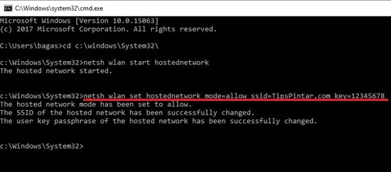 netsh wlan set hostednetwork mode=allow ssid=TipsPintar.com key=12345678