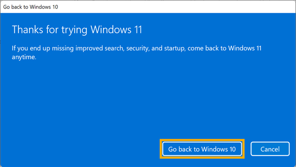 Klik Go back to Windows 10