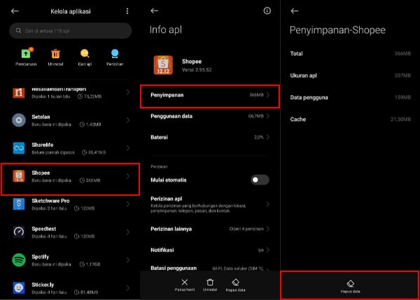 Hapus Data Aplikasi Shopee
